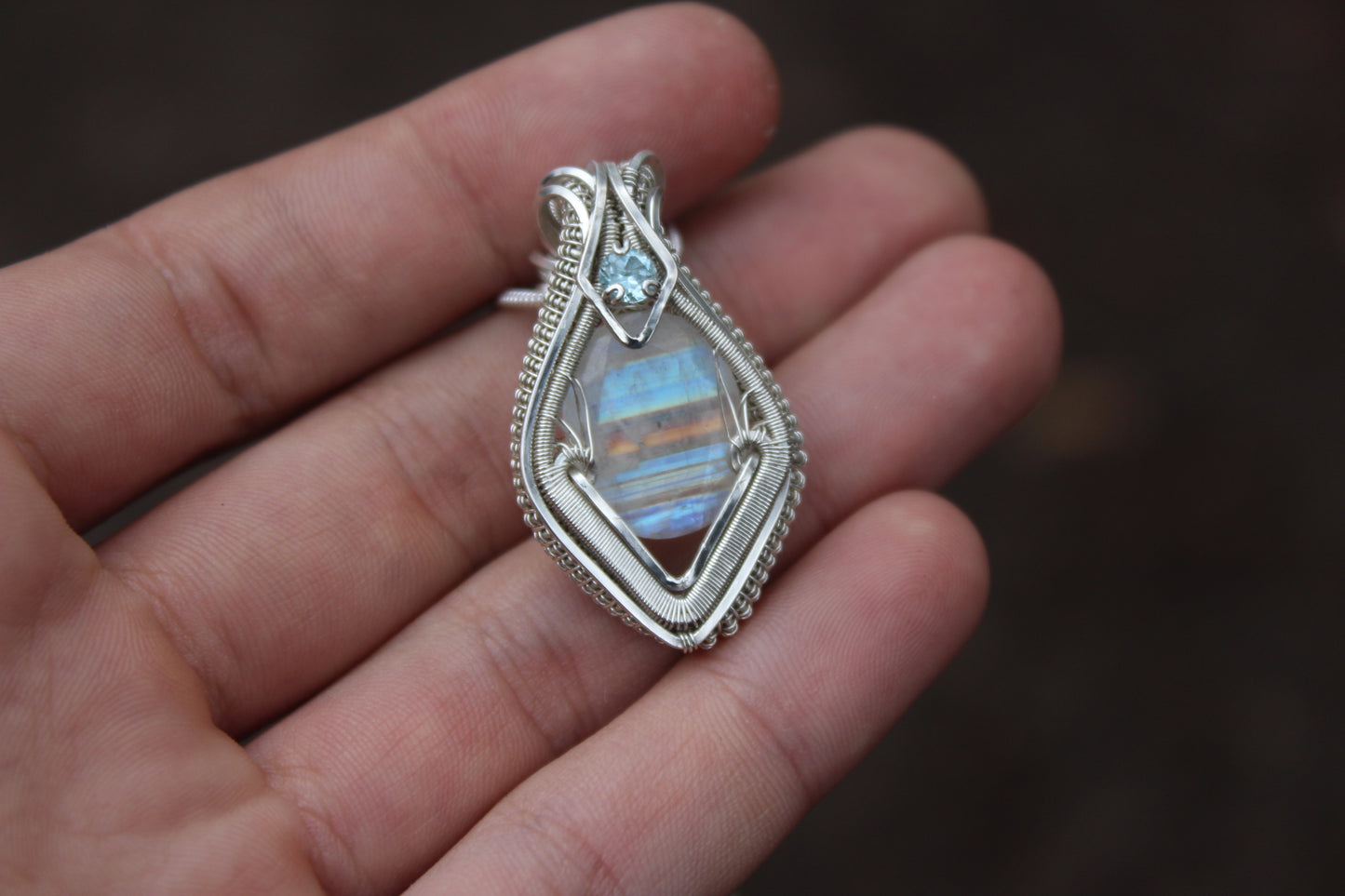 Rainbow Moonstone and Blue Topaz Pendant