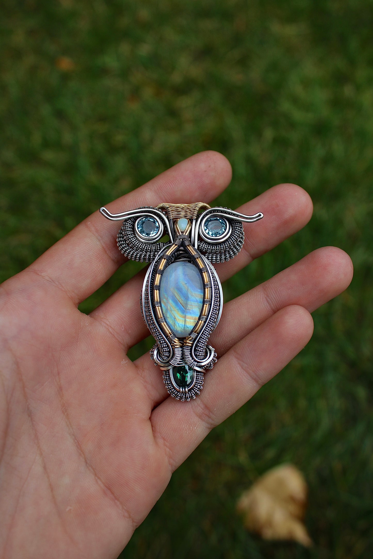 Mini Rainbow Moonstone Owl pendant