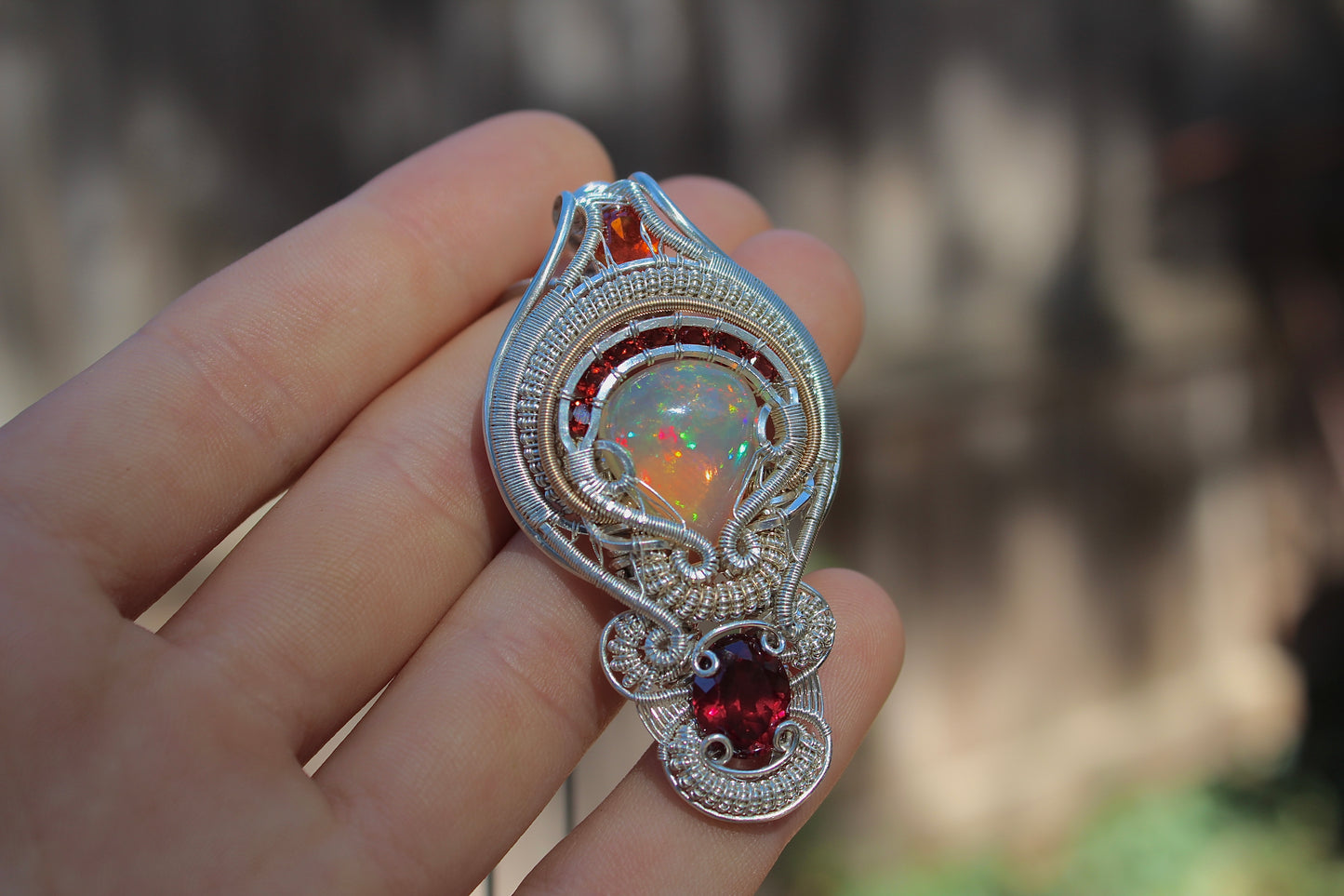 Twinkling Inferno - Opal and Garnet pendant