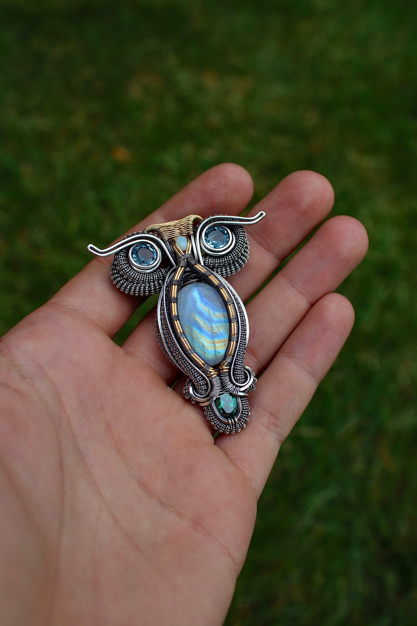 Mini Rainbow Moonstone Owl pendant