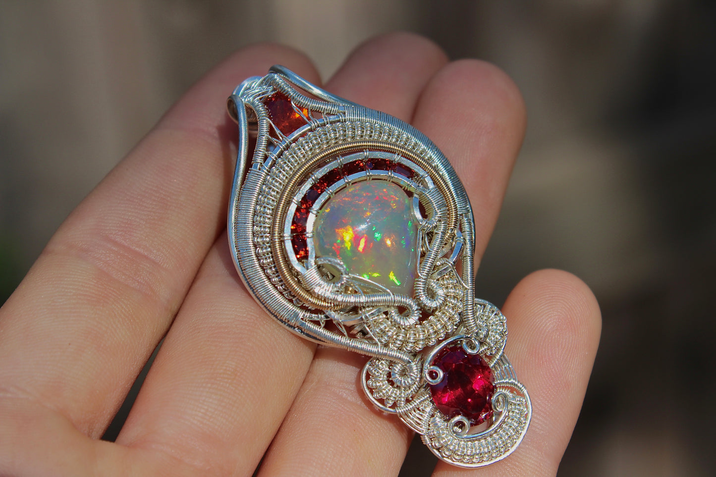 Twinkling Inferno - Opal and Garnet pendant