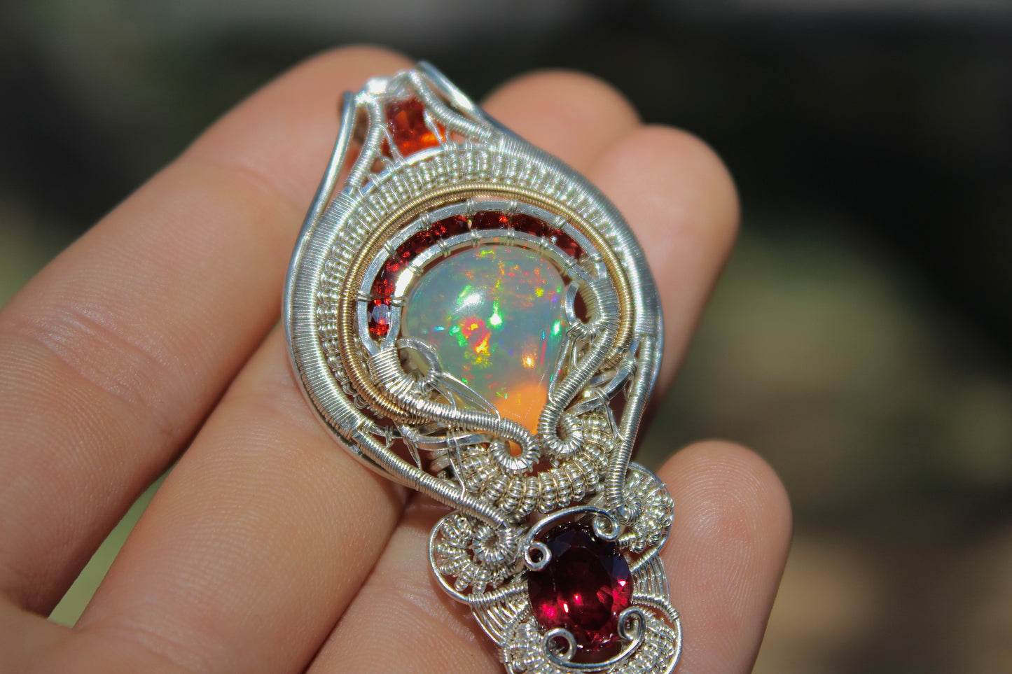 Twinkling Inferno - Opal and Garnet pendant