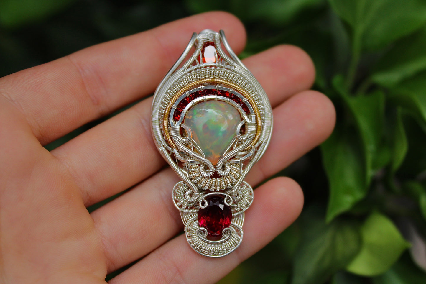 Twinkling Inferno - Opal and Garnet pendant