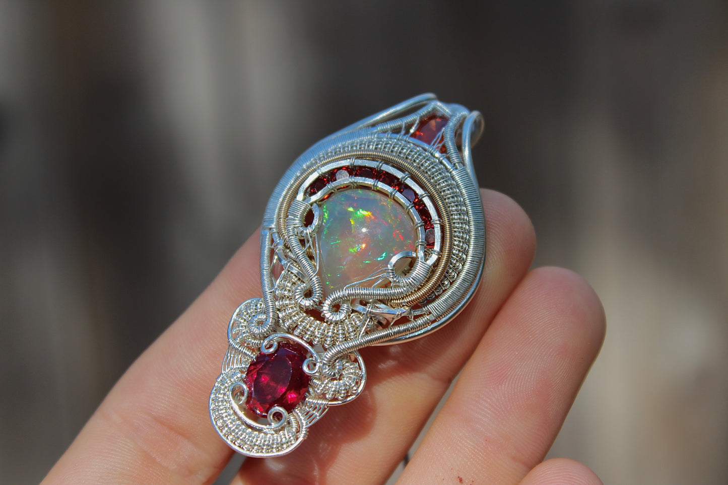 Twinkling Inferno - Opal and Garnet pendant